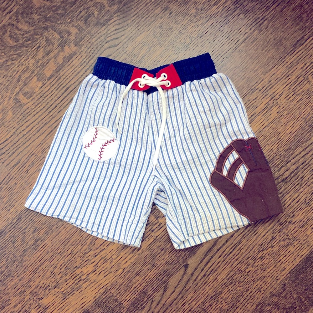 Baseball appliqué Florence Eiseman swim trunks 24m EUC